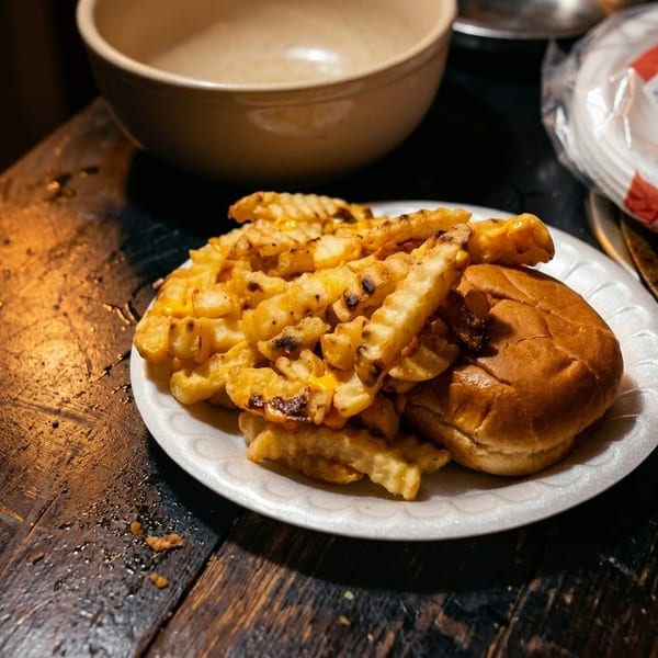 Cheesy crinkle-cut fries and a burger bun on a disposable plate on a wooden table.