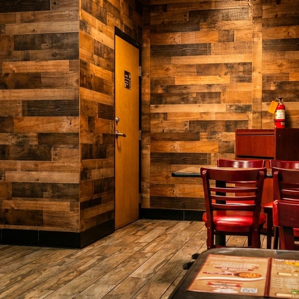 Rustic restaurant interior featuring wooden walls, floor, red chairs, and tables with menus.