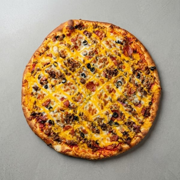Whole pizza topped with pepperoni, sausage, black olives, and a yellow cheese lattice.
