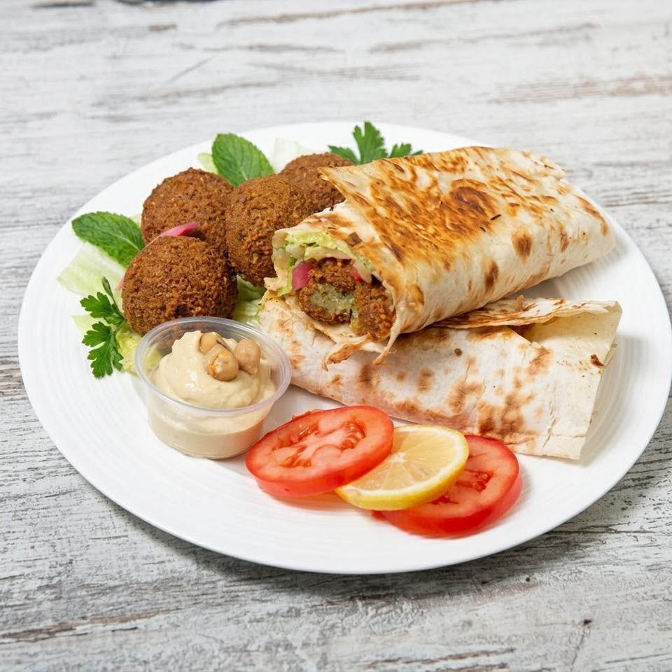 Falafel plate featuring a wrap, crispy falafel balls, hummus, sliced tomatoes, and a lemon wedge.
